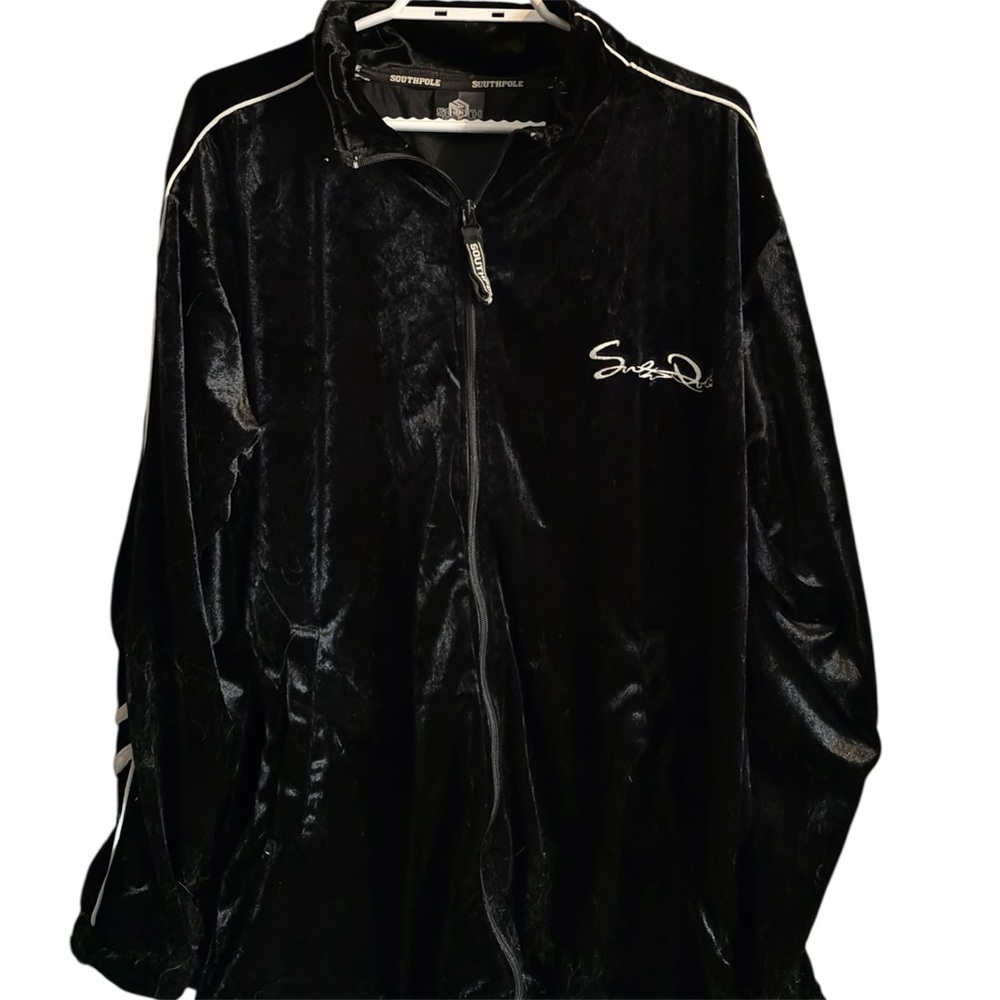 Y2K Southpole Black Velour Zip-Up Jacket with White Piping